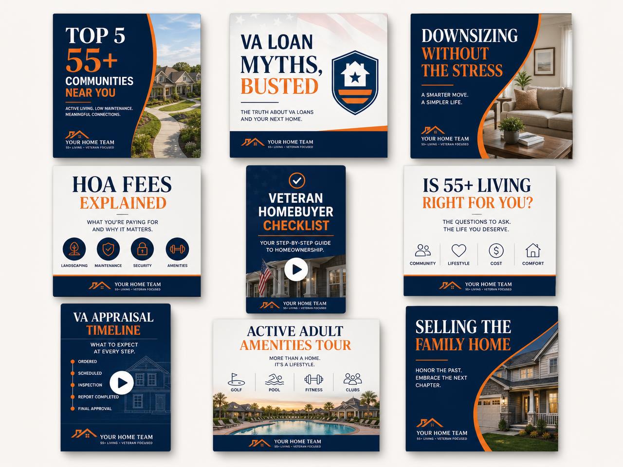Grid of branded social posts on 55+ communities and VA loan topics