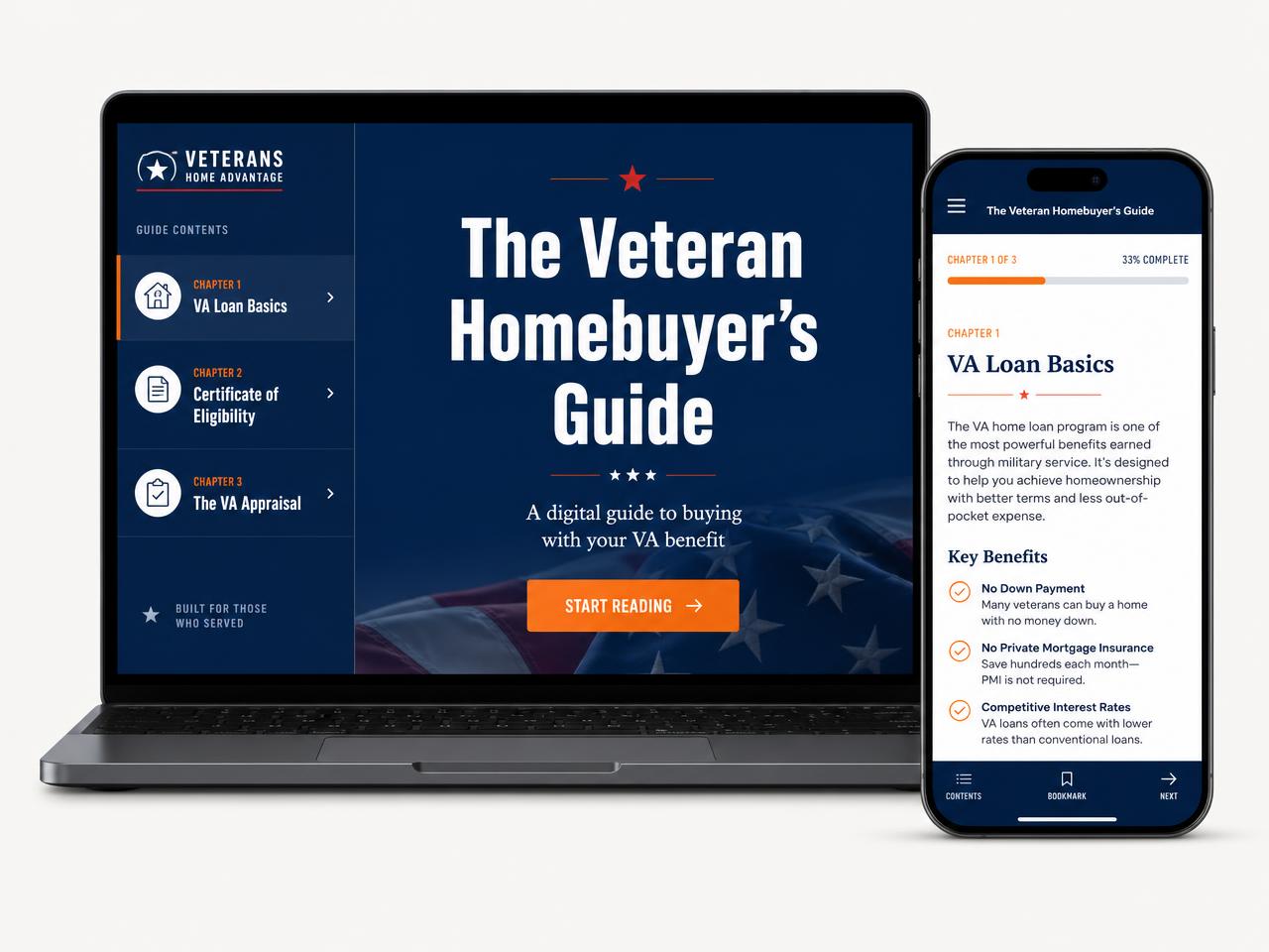 Laptop and phone showing a digital veteran homebuyer's guide