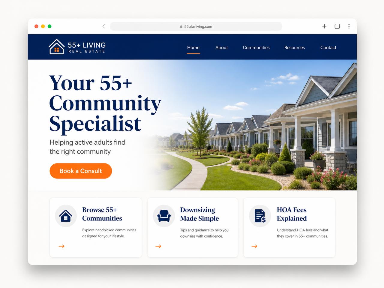 Browser mockup of a niche website for a 55+ community specialist